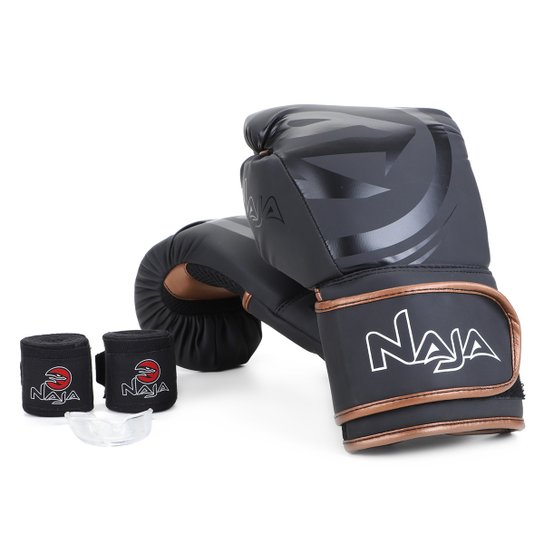Kit Luva de Boxe/ Muay Thai Naja Black 14 oz + Bandagem + Protetor Bucal + Bag - Preto+Bronze Menor preço em Kit Luva de Boxe/ Muay Thai Naja Black 14 oz + Bandagem + Protetor Bucal + Bag - Preto+Bronze