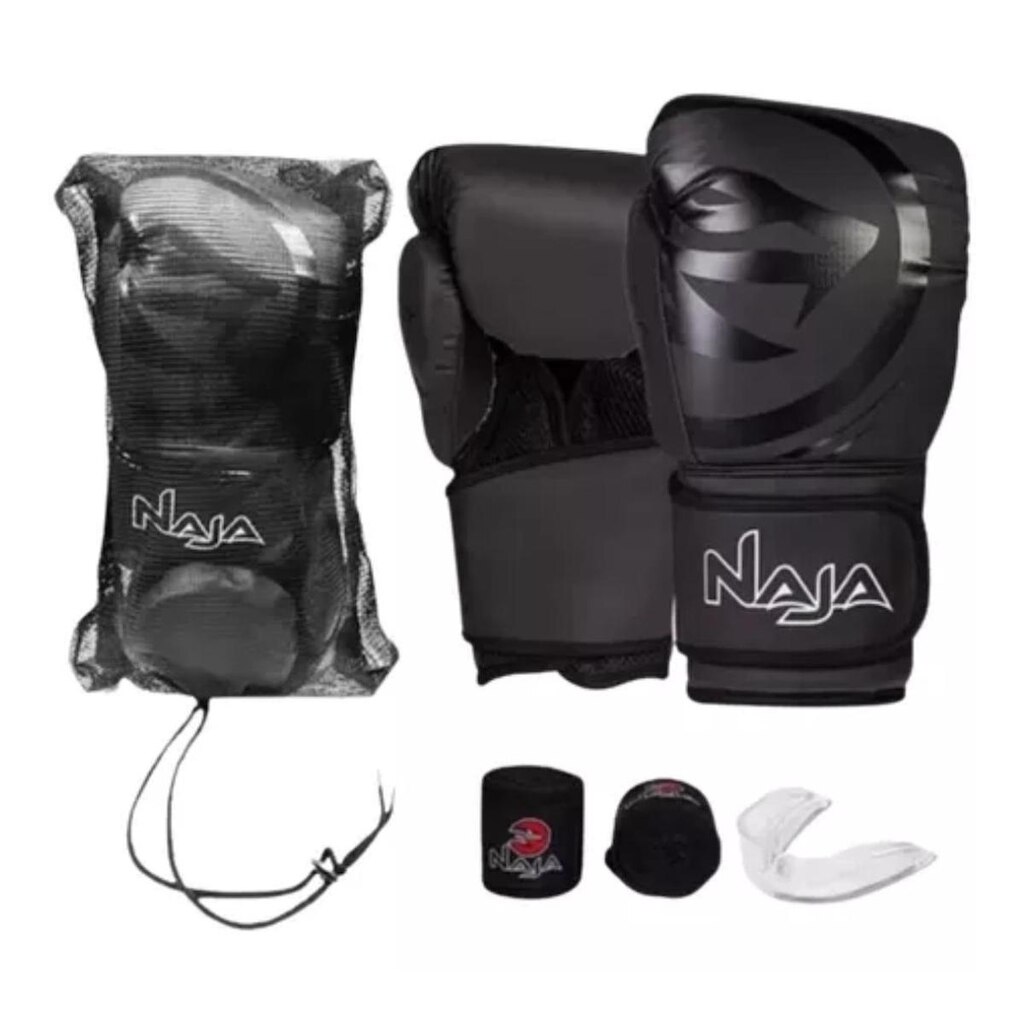 Kit luva de Boxe Muay Thai Naja Black + Bandagem + Protetor Bucal - Preto - 14