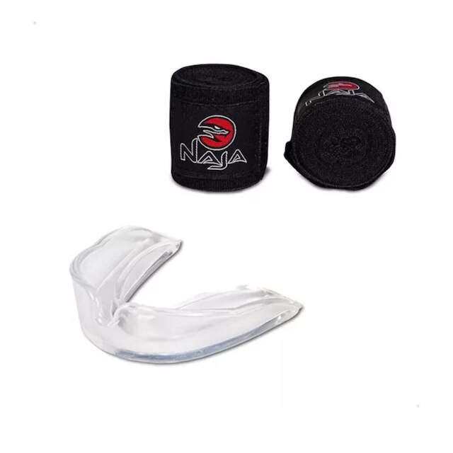 Kit luva de Boxe Muay Thai Naja Black + Bandagem + Protetor Bucal - Preto - 14