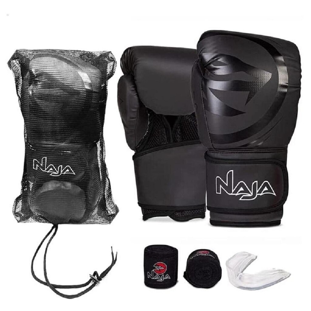 Kit Luva de Boxe Muay Thai - Naja Mod. Black Line + Bandagem + Bucal