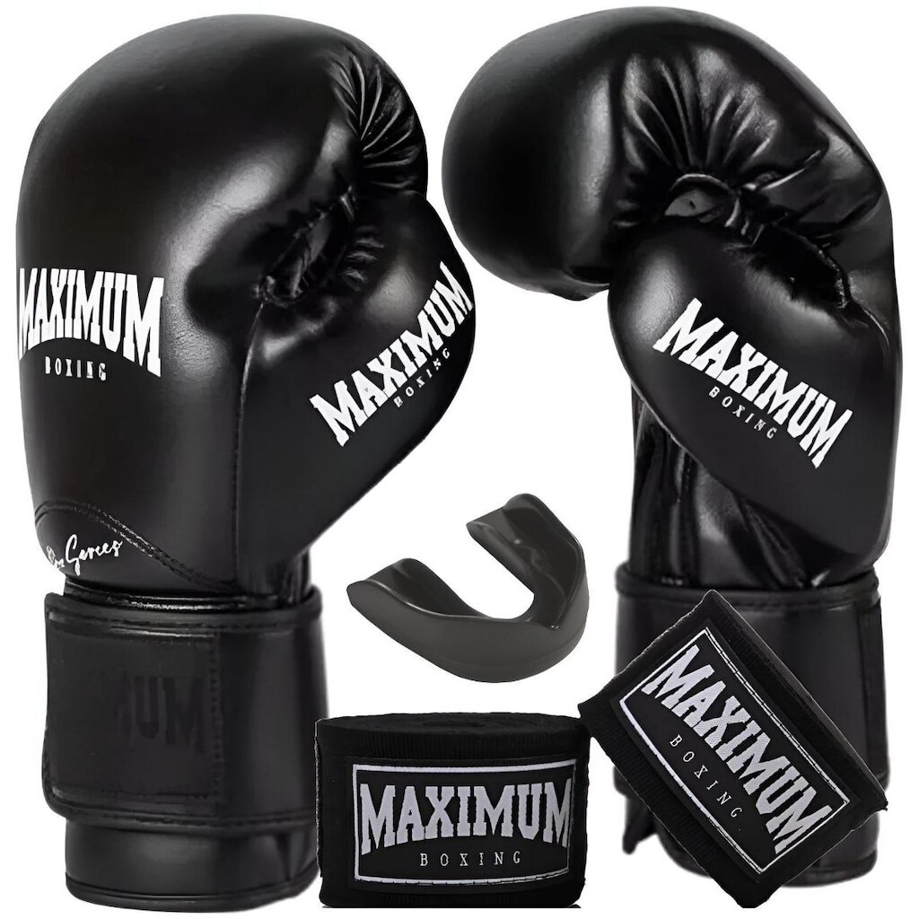 Kit Luva de Boxe Muay Thai Profissional Preto + Bandagem Protetor Bucal - Maximum Pro Series