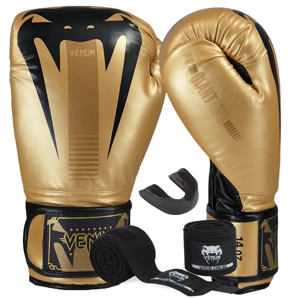 Kit Luva de Boxe Muay Thai Venum Giant Evo Profissional Dourado com Bandagem 4m e Protetor Bucal