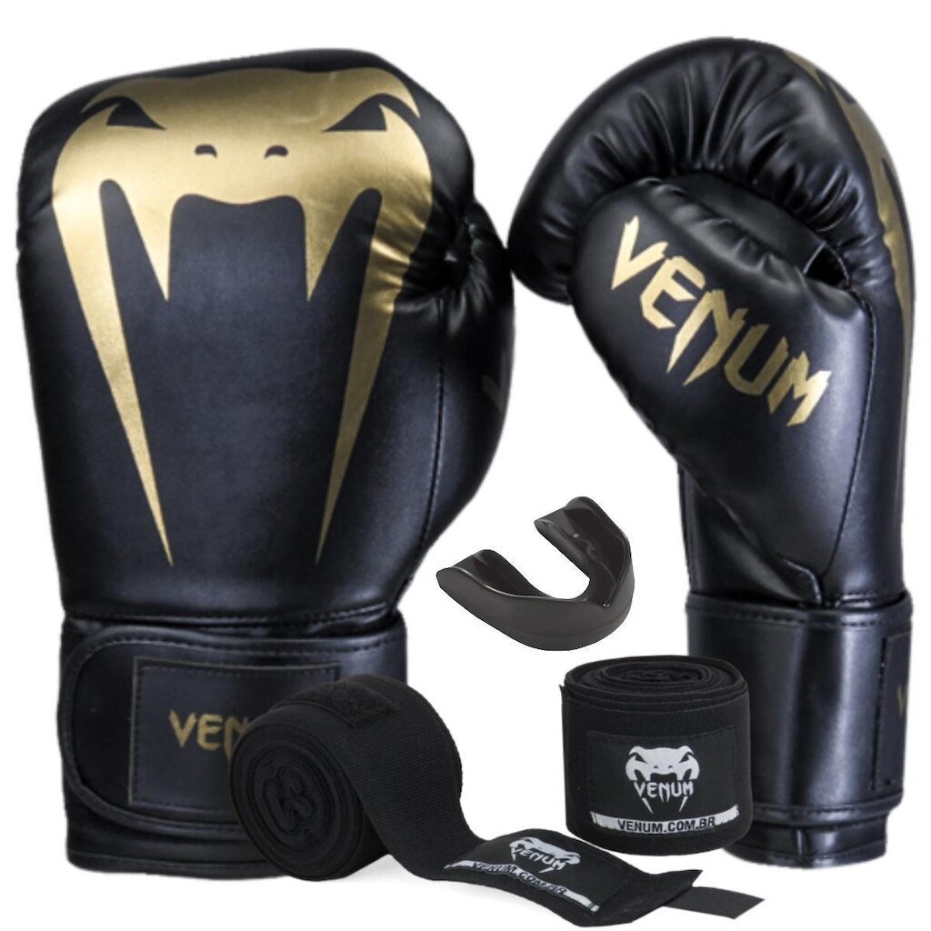 Kit Luva de Boxe Muay Thai Venum Giant Full Logo Dourado com Bandagem 4m e Protetor Bucal
