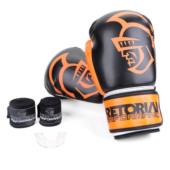 Kit Luva de Boxe/Muay Thai Pretorian Black Line 12 OZ + Bandagem + Protetor Bucal - Preto+Laranja Menor preço em Kit Luva de Boxe/Muay Thai Pretorian Black Line 12 OZ + Bandagem + Protetor Bucal - Preto+Laranja