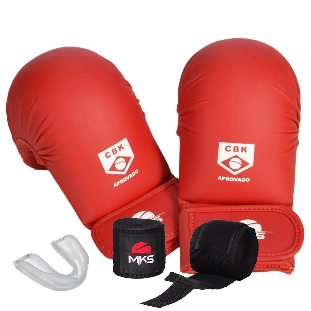 Kit Luva de Karate Competition + Bandagem + Protetor Bucal MKS Combat