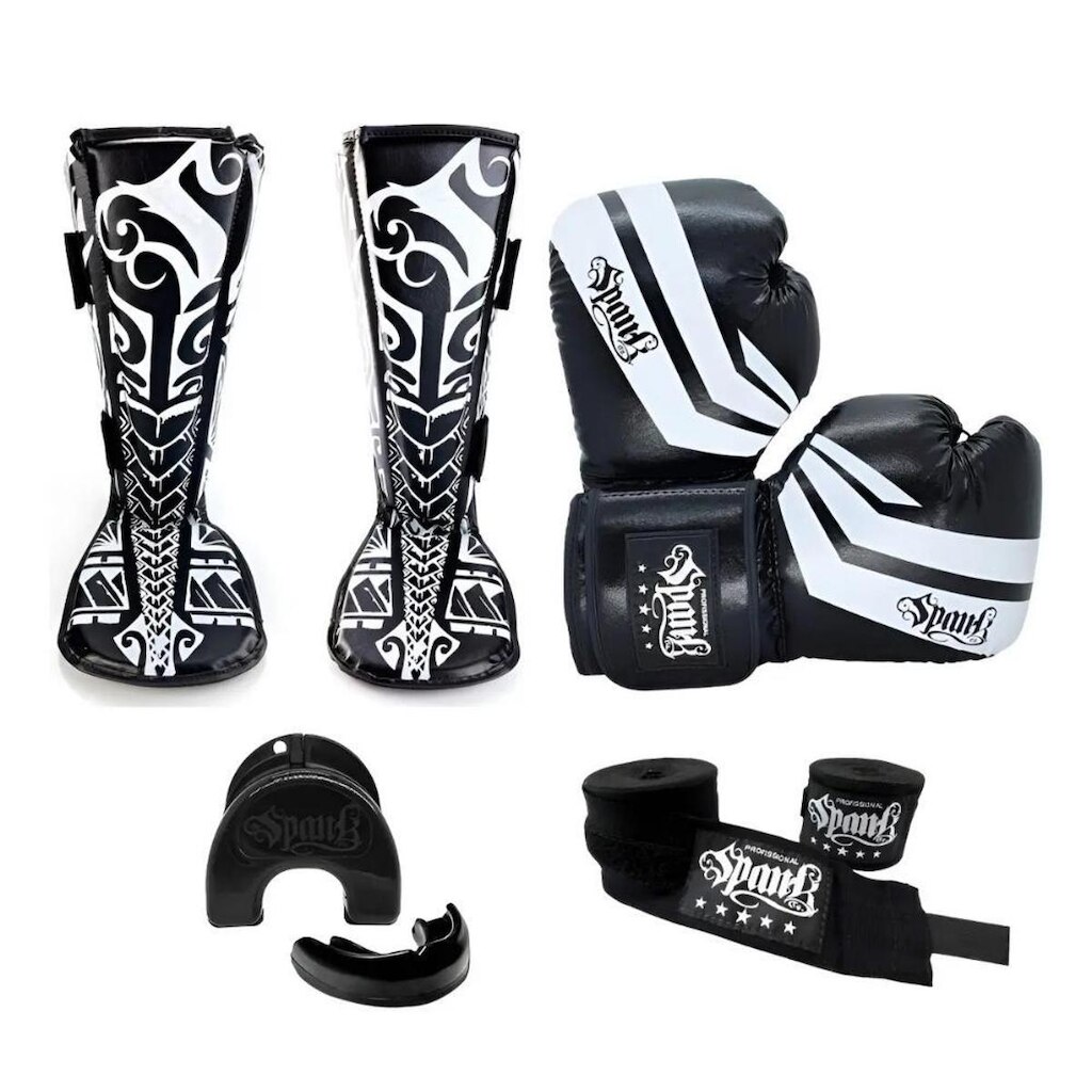 Kit Luva De Muay thai Comfy Spank Protetor Bucal Bandagem e caneleira