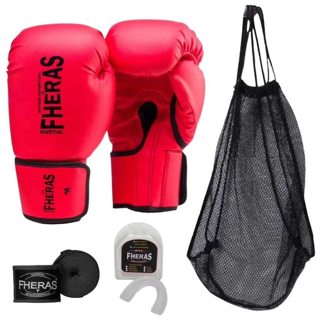 Kit Luva Muay Thai Boxe Bandagem Protetor Bucal Fheras Tradi