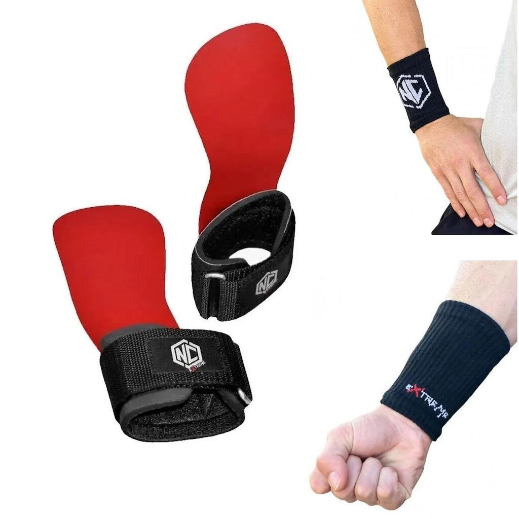 Kit Luva Palmar Hand Grip Red Revolution + Munhequeira Seca Suor - Nc Extreme