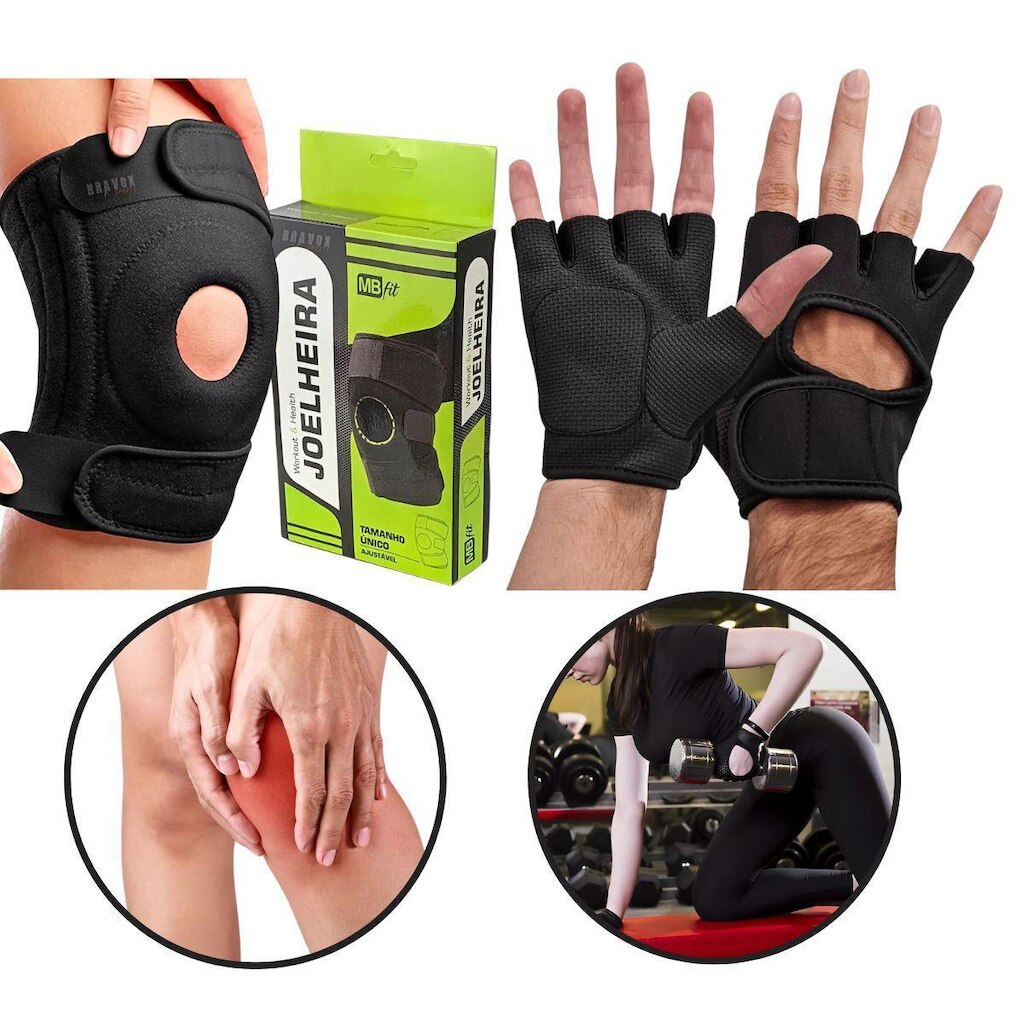 Kit Luva Treino Emborrachada + Joelheira Compressão Premium