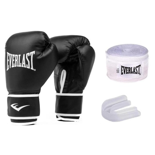 Kit Luvas de Treino / Boxe / Muay Thai - Everlast Core + Bandagem + Protetor Bucal - Preto Menor preço em Kit Luvas de Treino / Boxe / Muay Thai - Everlast Core + Bandagem + Protetor Bucal - Preto