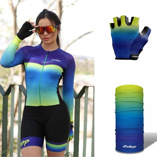 Kit Macaquinho de Ciclismo Manga Longa Mart + Bandana + Luva - Azul Menor preço em Kit Macaquinho de Ciclismo Manga Longa Mart + Bandana + Luva - Azul