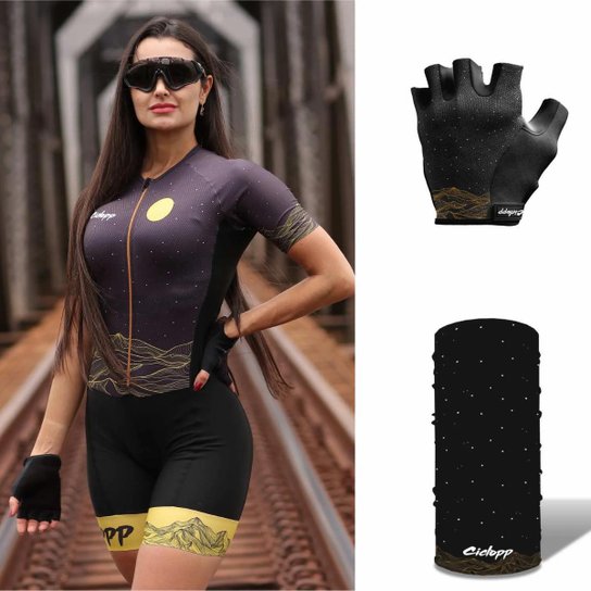 Kit Macaquinho de Ciclismo Moon + Luva + Bandana Bike - Preto Menor preço em Kit Macaquinho de Ciclismo Moon + Luva + Bandana Bike - Preto