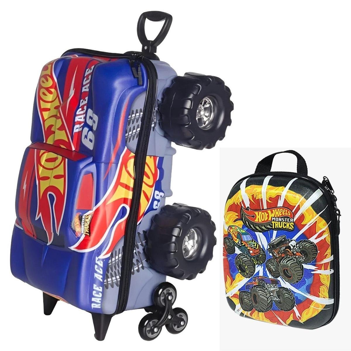 Kit Mala Infantil Mochila Escolar Hot Wheels Monster Trucks