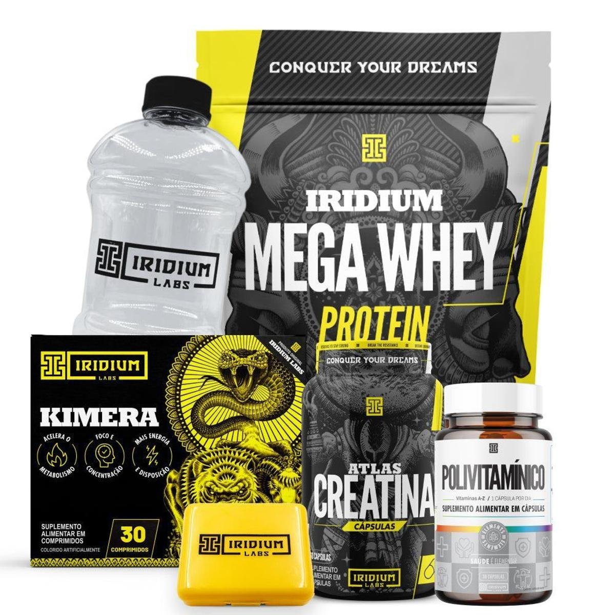Kit Mega Whey + Kimera Thermo + Atlas Creatina Cáps + Polivitamínico + Galão Cristal Menor preço em Kit Mega Whey + Kimera Thermo + Atlas Creatina Cáps + Polivitamínico + Galão Cristal