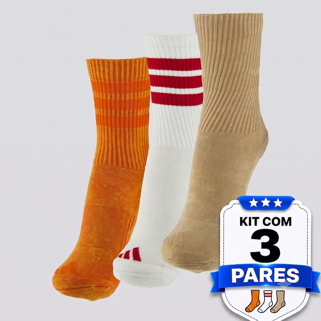 Kit Meia Adidas CRW WSH 3 Pares Branca Laranja e Marrom