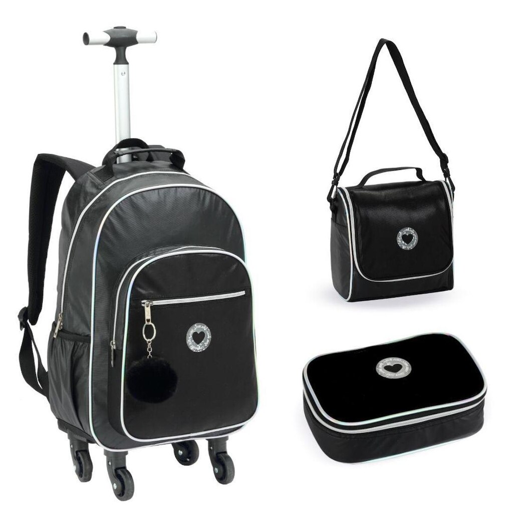 Kit Mochila 360° , Lancheira e Estojo Escolar Brilhosa
