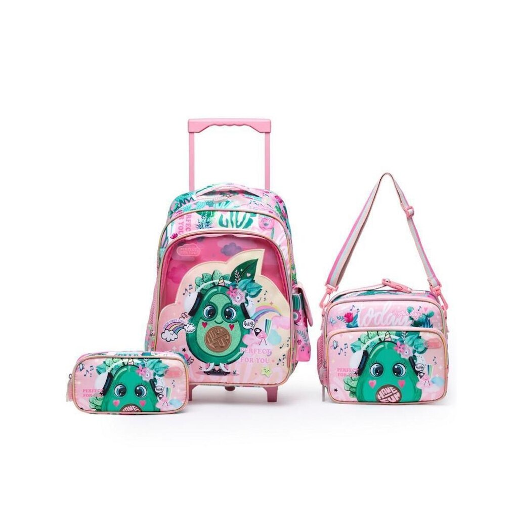 Kit Mochila Bolsa De Rodinhas Infantil Com Estojo e Lancheira Térmica Escolar Reforçada 19 litros