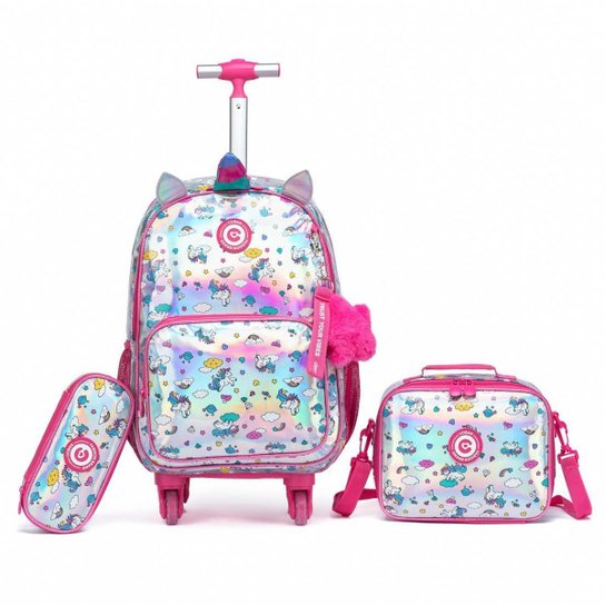 Kit Mochila Carrinho Lancheira Estojo Infantil Escolar Reforçado Casual