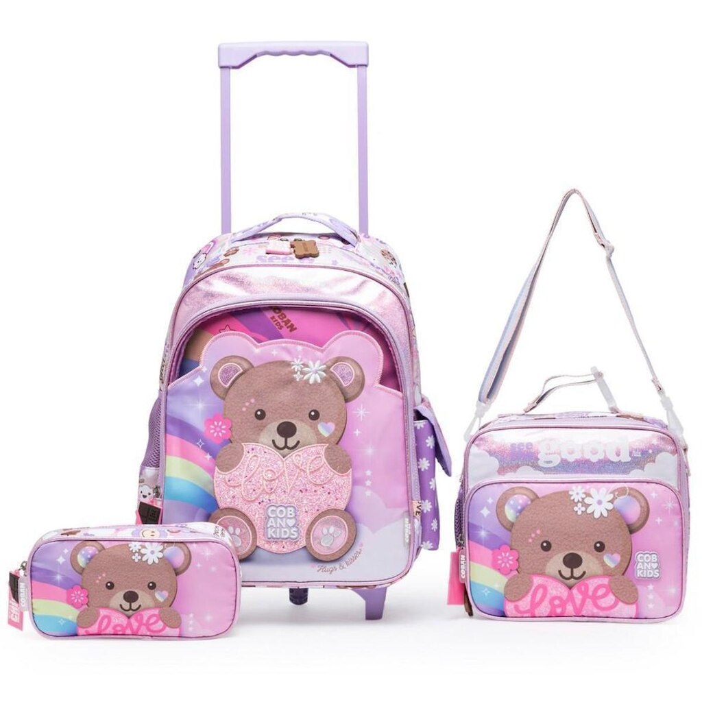 Kit Mochila Coban De Rodinhas Infantil Lancheira Estojo 37 Litros