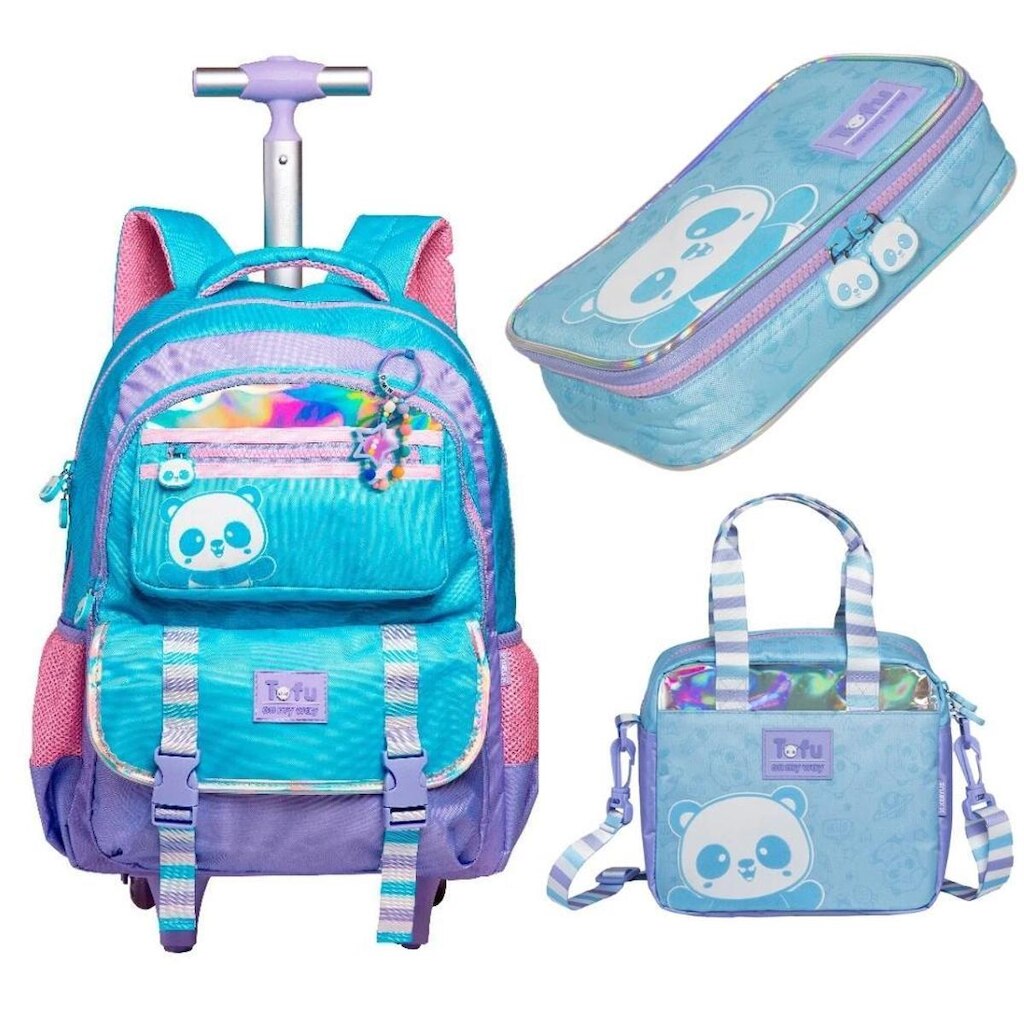 Kit Mochila Com Carrinho alça nas costas com Lancheira e Estojo Box Panda
