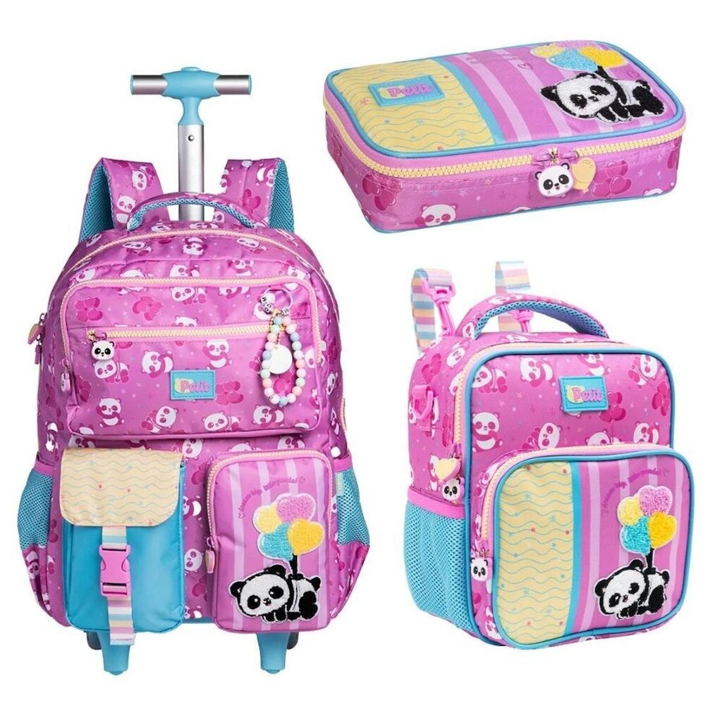 Kit Mochila Com Carrinho alça nas costas com Lancheira e Estojo Box Panda