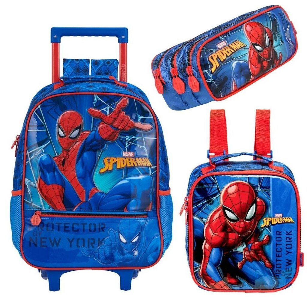 Kit Mochila Com Carrinho com Lancheira e Estojo Homem Aranha