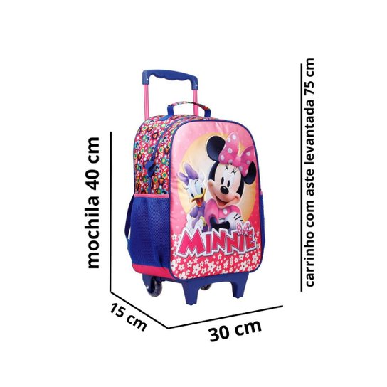 Kit Mochila com carrinho e alça nas costas escolar + Lancheira + Estojo Minnie mouse