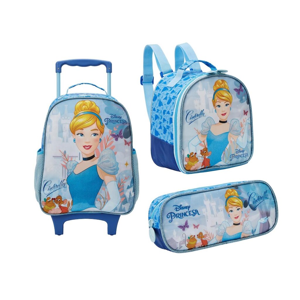 Kit Mochila Com Carrinho e Rodas com Lancheira e Estojo Cinderela