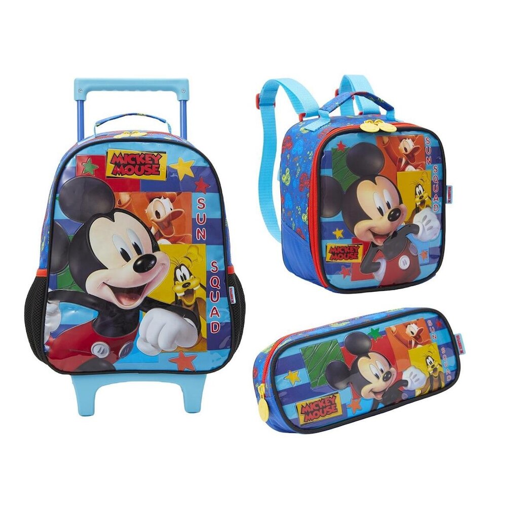 Kit Mochila Com Carrinho e Rodas com Lancheira e Estojo Mickey Mouse