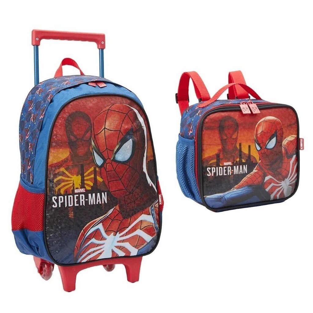 Kit Mochila Com Carrinho e Rodas com Lancheira Homem Aranha Spider man