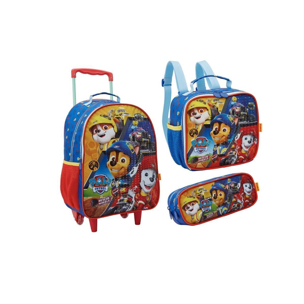 Kit Mochila Com Carrinho e Rodas + Lancheira + Estojo
