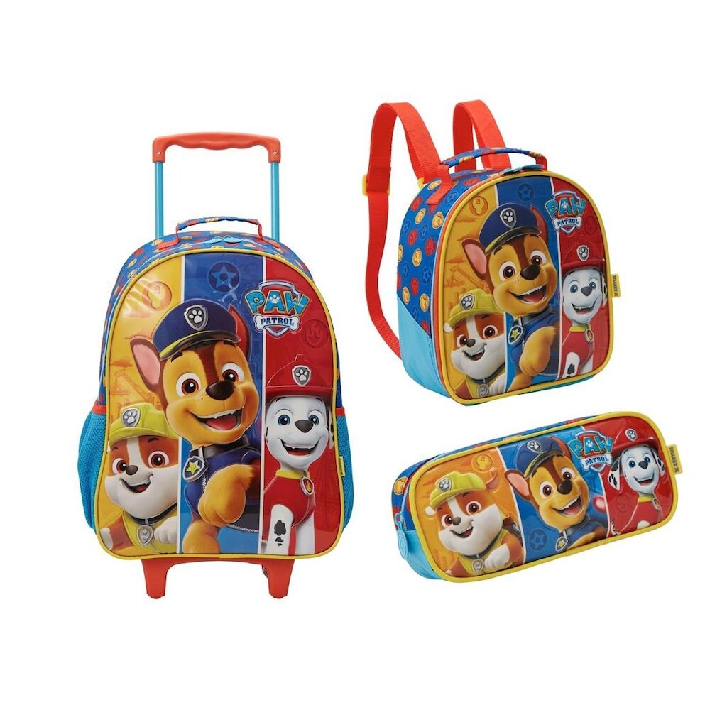 Kit Mochila Com Carrinho e Rodas + Lancheira + Estojo