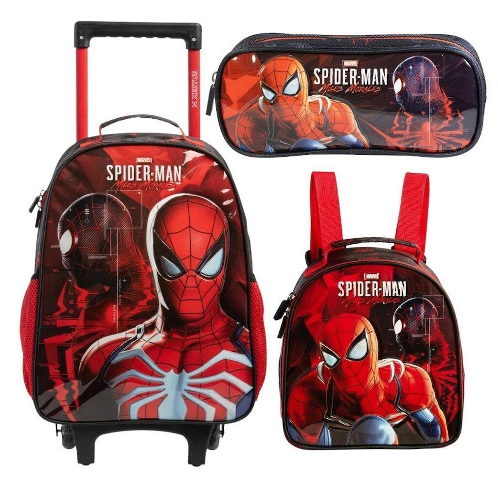 Kit Mochila Com Carrinho escolar Lancheira e Estojo Homem Aranha