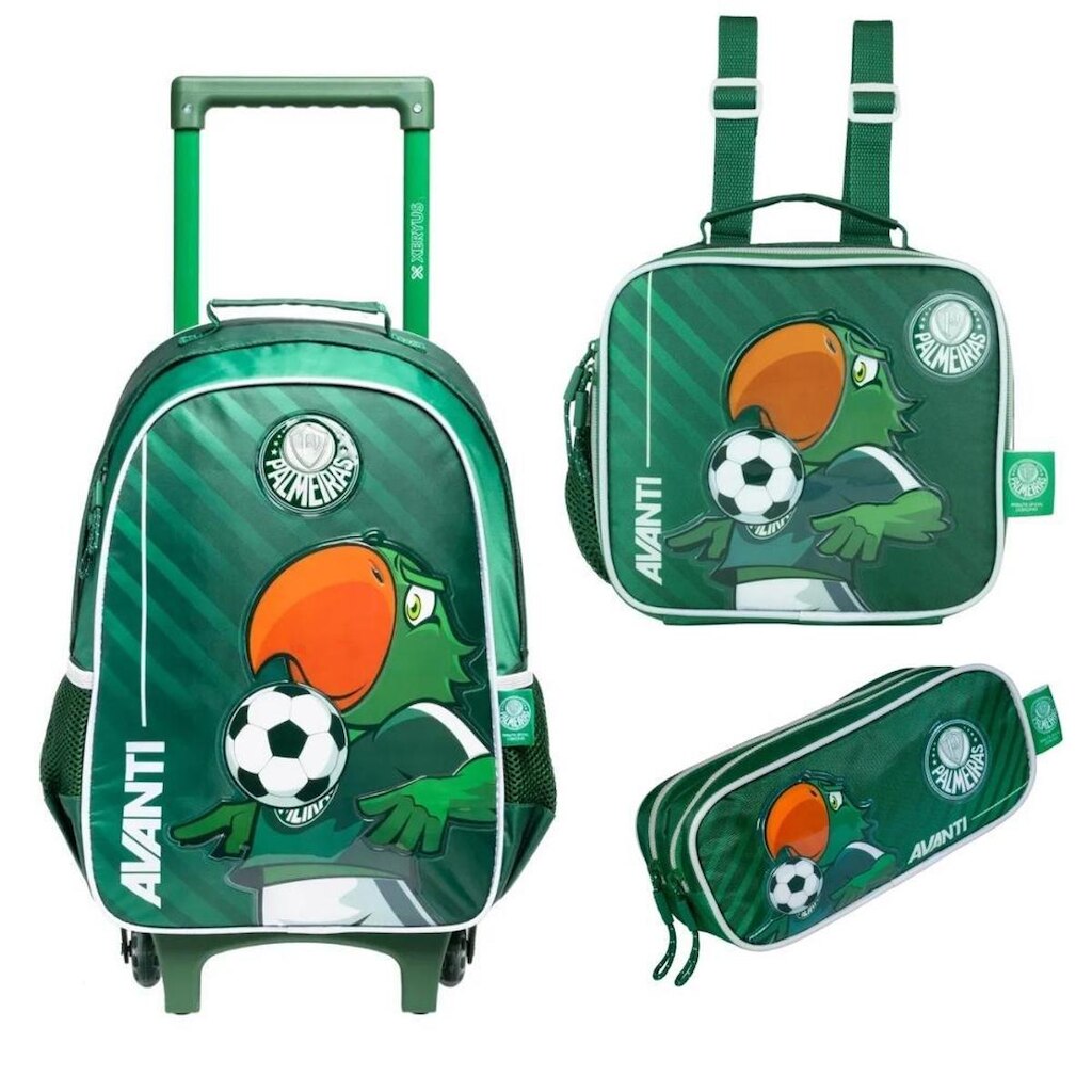 Kit Mochila Com Carrinho Lancheira e Estojo Duplo Palmeiras