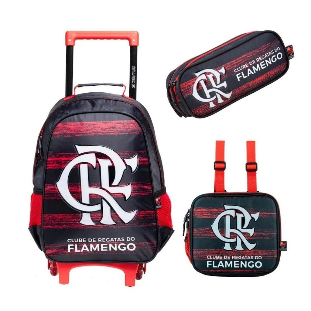 Kit Mochila Com Carrinho Rodas com alça com Lancheira e Estojo Flamengo