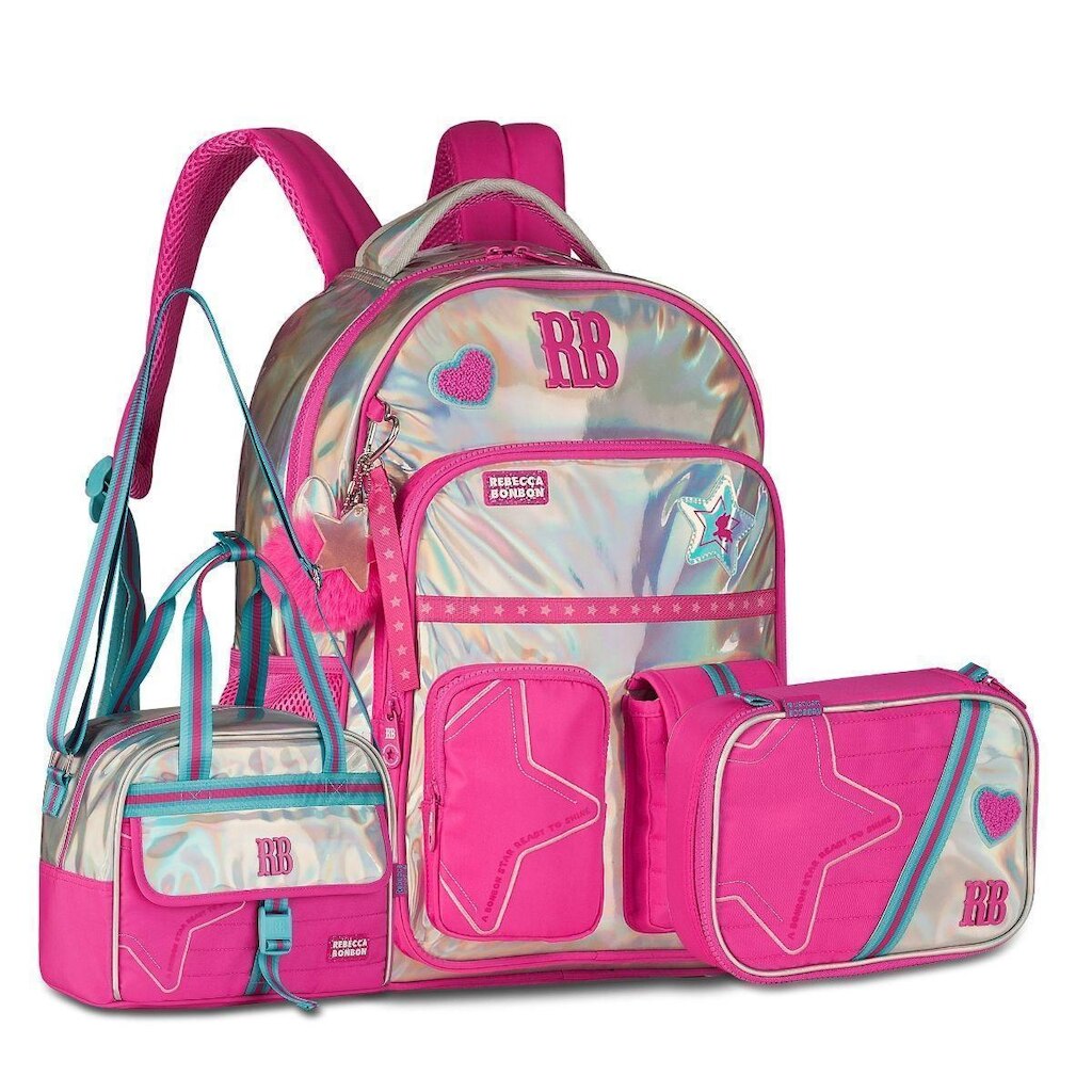 Kit Mochila com Lancheira e Estojo Holográfico Rebecca Bonbon