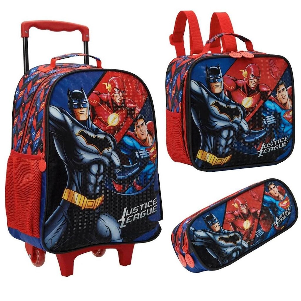 Kit Mochila com Rodas escolar infantil Liga da justiça com lancheira e estojo