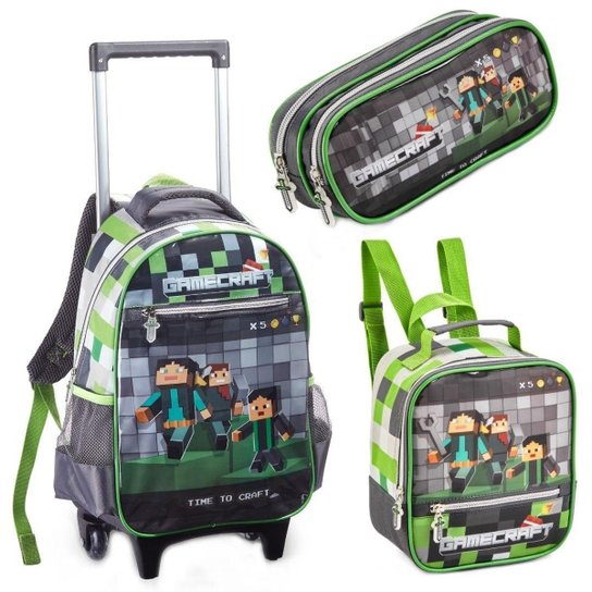 Kit Mochila Com Rodas Lancheira Estojo Escolar Gamecraft - Preto Menor preço em Kit Mochila Com Rodas Lancheira Estojo Escolar Gamecraft - Preto