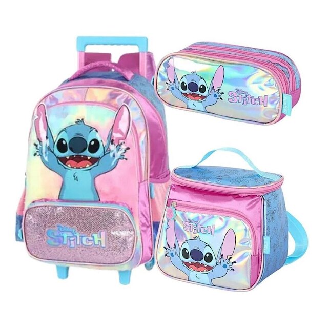 Kit Mochila com Rodinhas Stitch Disney + Lancheira + Estojo triplo