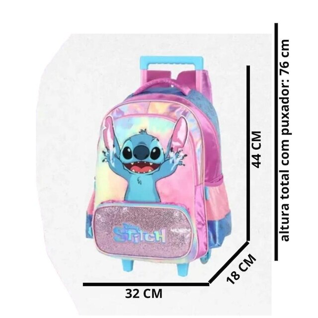 Kit Mochila com Rodinhas Stitch Disney + Lancheira + Estojo triplo