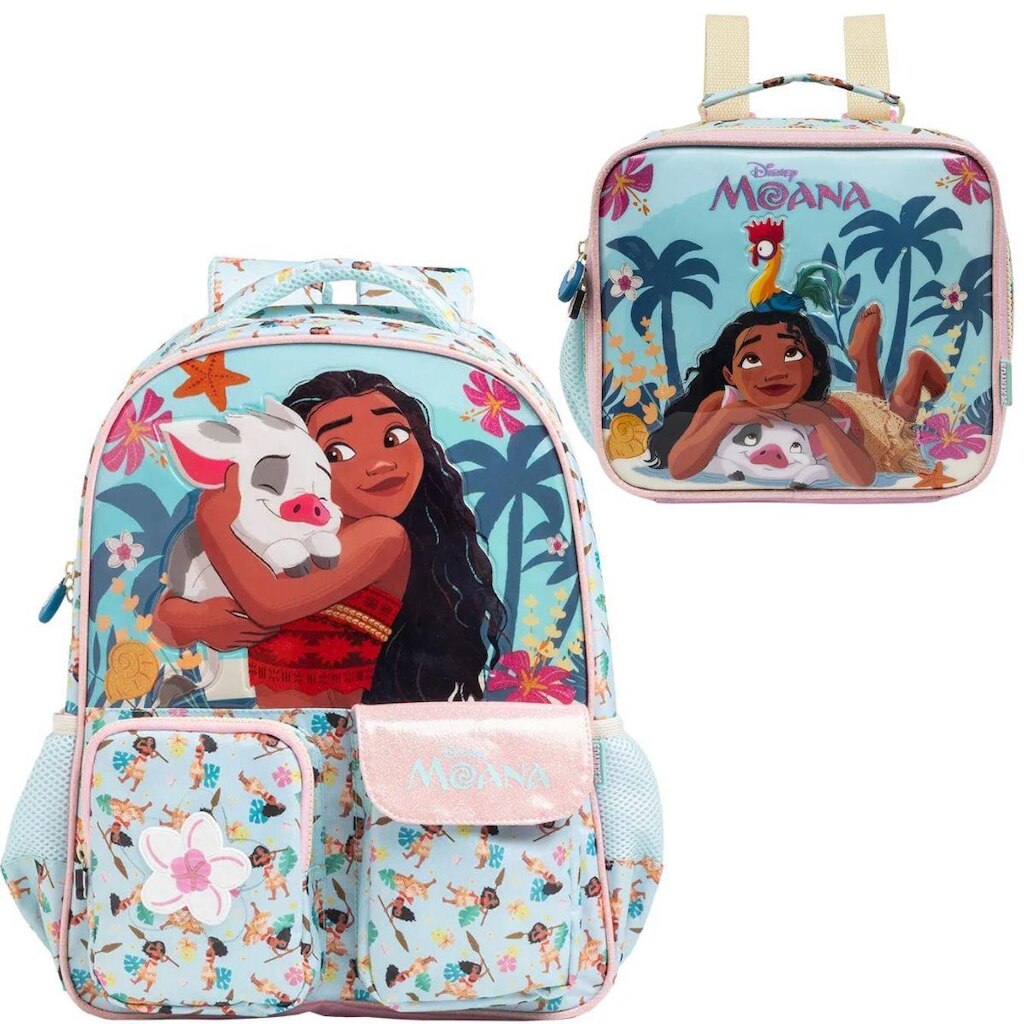 Kit Mochila Costas Lancheira Merendeira Escolar Bolsa Moana