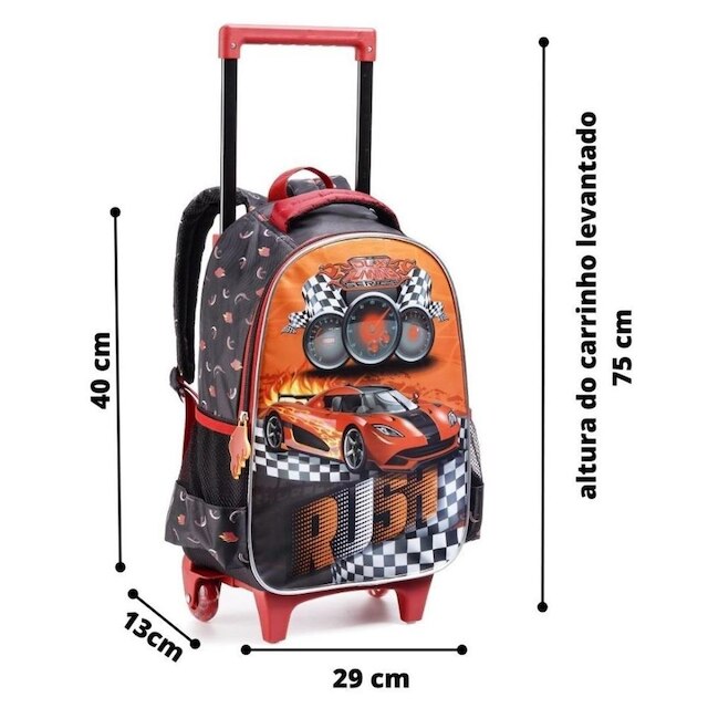 Kit Mochila de carrinho e Rodinhas + Lancheira + estojo duplo infantil Carro Escolar