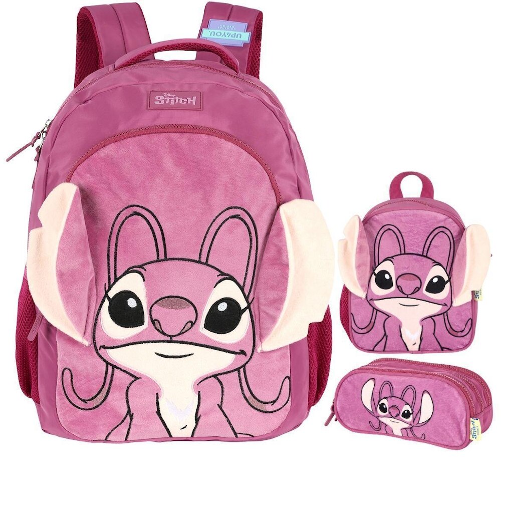 Kit Mochila de Costas Lancheira Estojo Peluciada Stitch