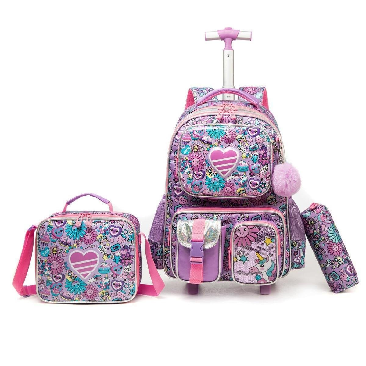 Kit Mochila de Rodinha Crossgear Escolar Feminino Infantil Unicórnio Estojo Lancheira Térmica Menor preço em Kit Mochila de Rodinha Crossgear Escolar Feminino Infantil Unicórnio Estojo Lancheira Térmica