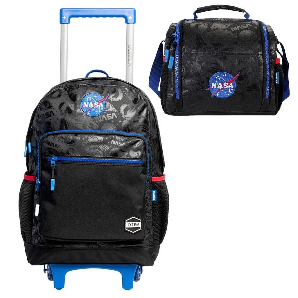 Kit Mochila De Rodinha Escolar Bolsa Menino E Lancheira Nasa