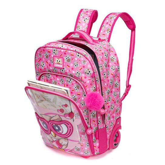Kit Mochila de Rodinha + Estojo + Lancheira Menina Escolar Infantil Espaçosa