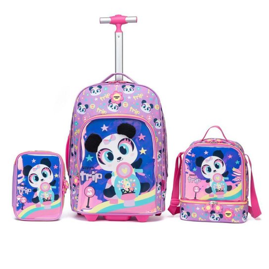 Kit Mochila de Rodinha + Estojo + Lancheira Menina Escolar Infantil Espaçosa