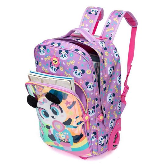 Kit Mochila de Rodinha + Estojo + Lancheira Menina Escolar Infantil Espaçosa