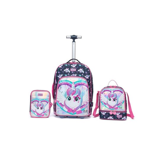 Kit Mochila de Rodinha + Estojo + Lancheira Menina Escolar Infantil Espaçosa