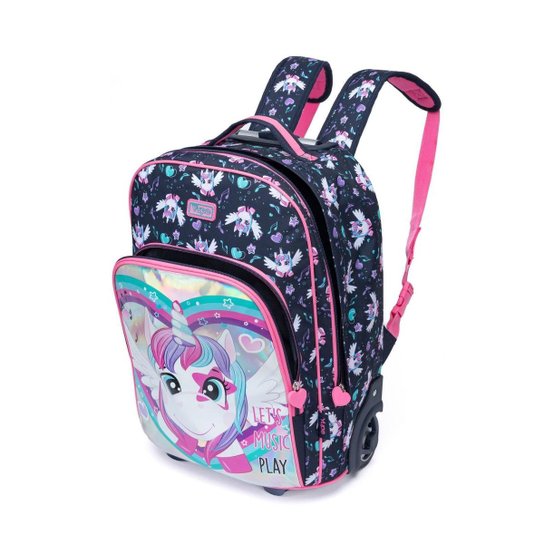Kit Mochila de Rodinha + Estojo + Lancheira Menina Escolar Infantil Espaçosa
